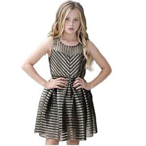 🆕 DESIGNER KIDZ  Big Girls Black Gold Stripe Skater Junior Bridesmaid Dress 10